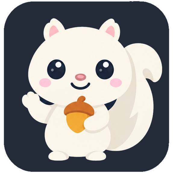The WhiteSquirrel.ai mascot: a white squirrel waving hello and holding a golden acorn